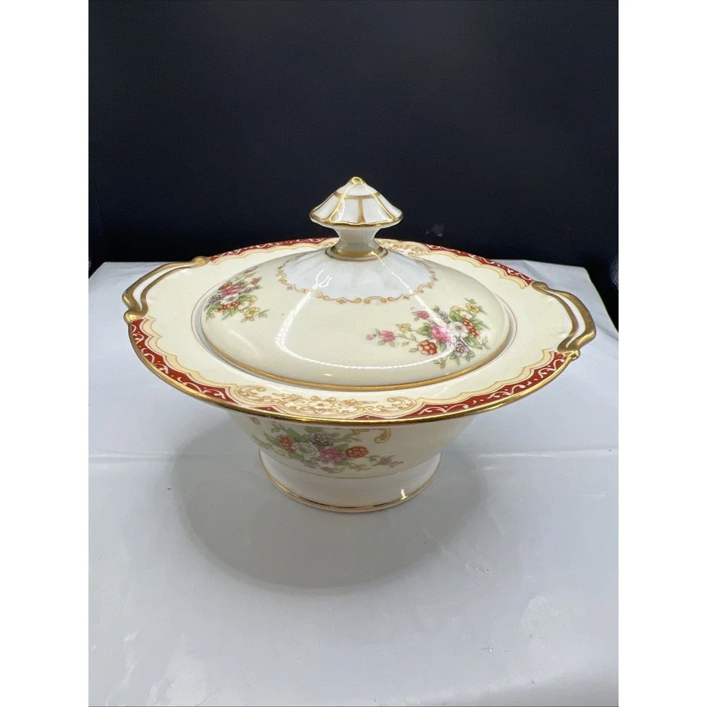 Vintage Noritake Covered Sugar Bowl M Wreath Gold Maroon Floral 1930s Japan